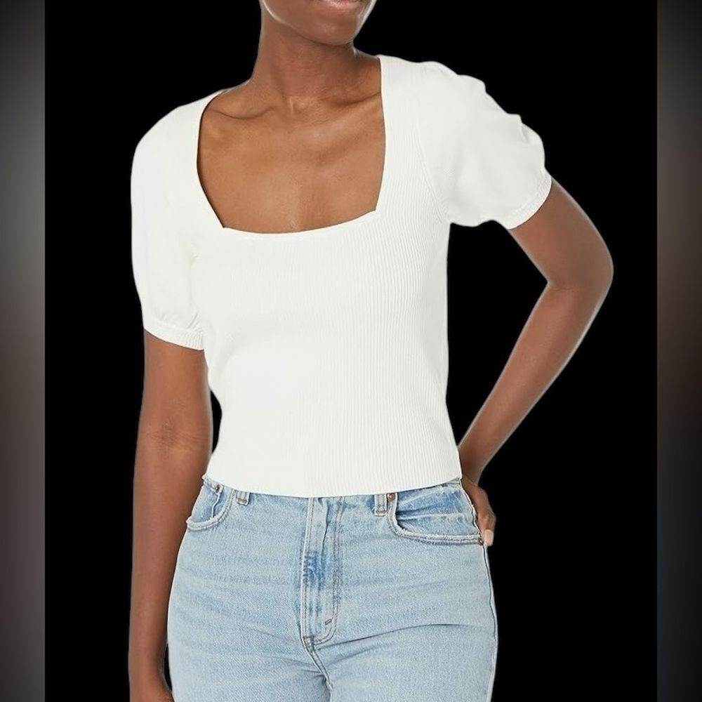 NWT square neck white ribbed crop top puff sleeves by French Connection size S.